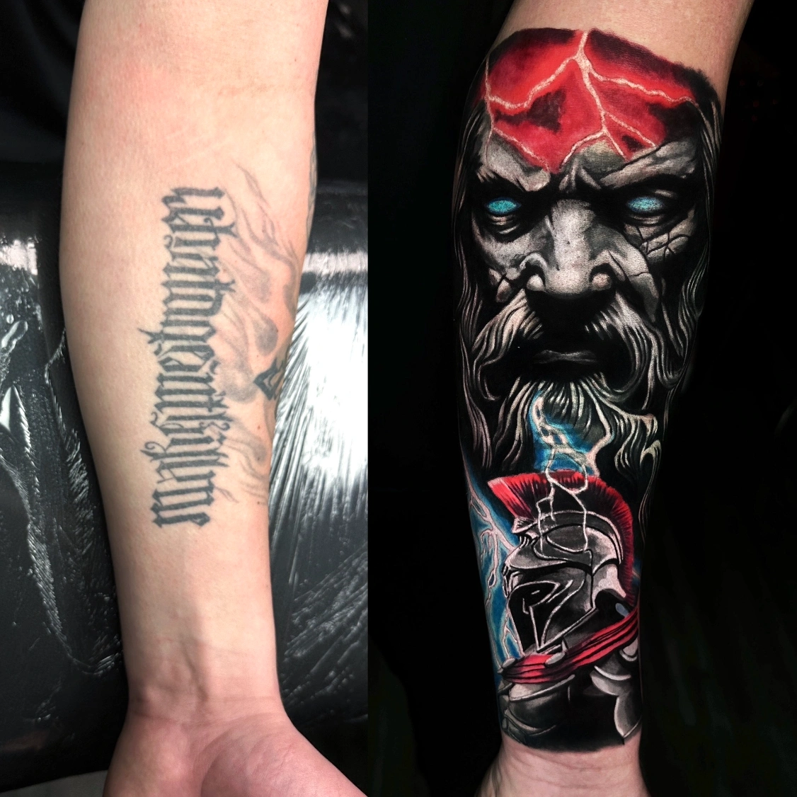 Side-by-side image showing a forearm tattoo cover-up: the left side has black script text, and the right side shows a dramatic colored tattoo of an intense bearded man above a helmeted warrior.